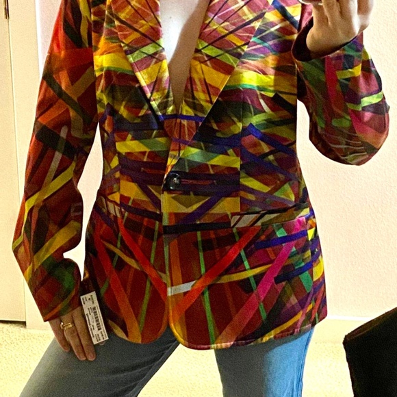 2 pcs ESCADA Multicolor Spring Jacket & Silk Mini Dress Top Silk Blouse